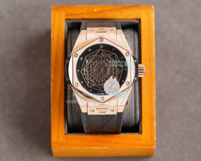 Replica Hublot Big Bang Sang Bleu Rose Gold Watch Black Dial Black Gummy Strap 45MM